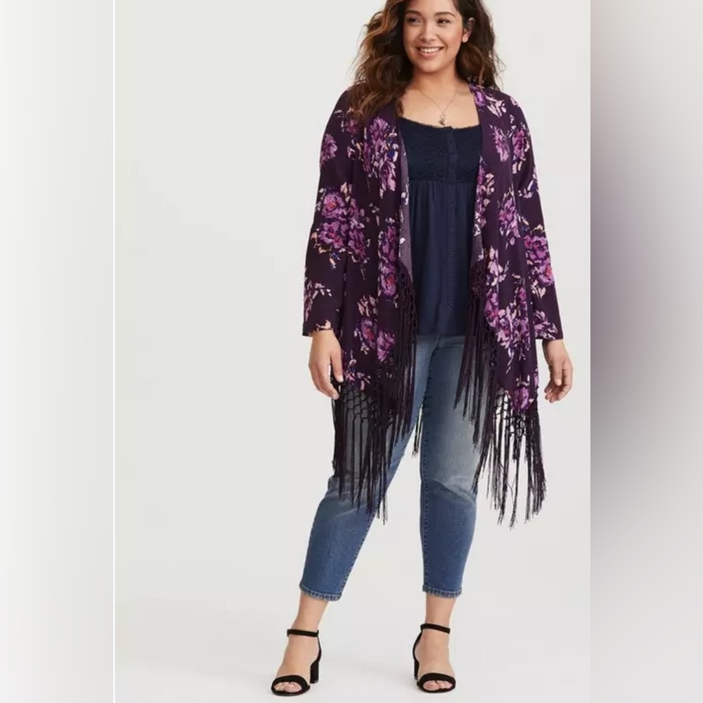 Torrid Floral Print Fringe Kimono in Waters Edge Size 1x (14 - 16) - Picture 3 of 13